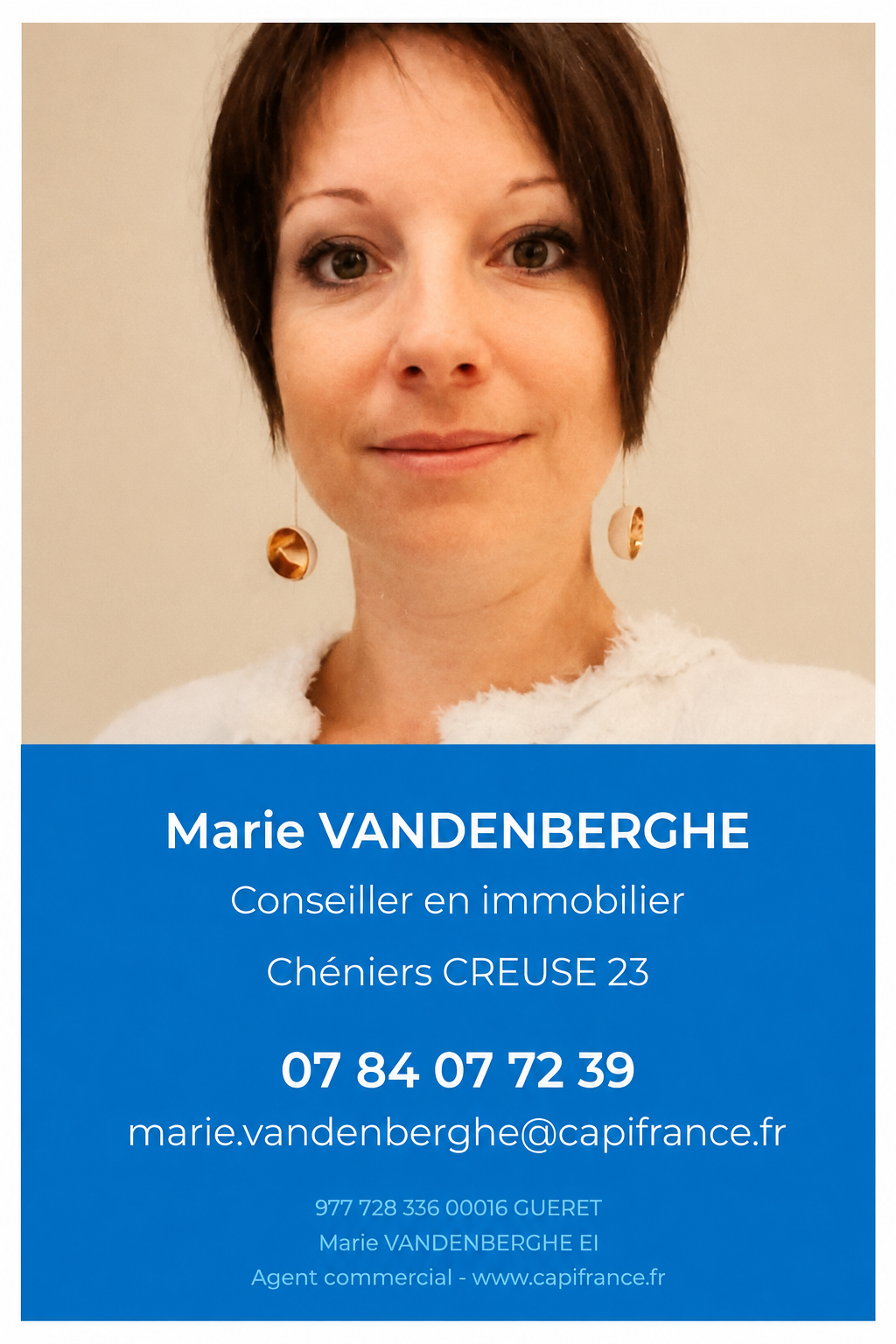 Carte de visite de Marie Vandenberghe, conseillère en immobilier à Chéniers